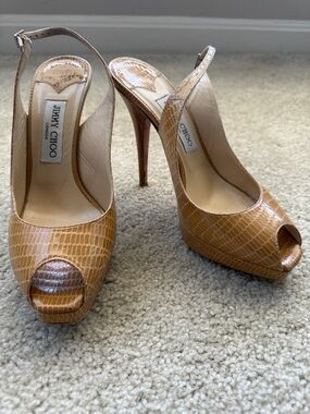 Jimmy Choo Tan Croc-Embossed Peep-Toe Slingback Heels